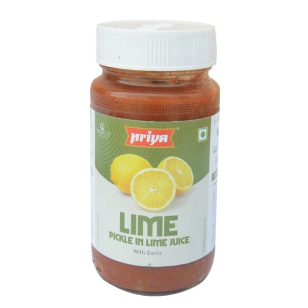 Priya Lime Pickle with Garlic, 300g - Homemade Nimbu Achar - Traditional South Indian Taste - Glass Jar